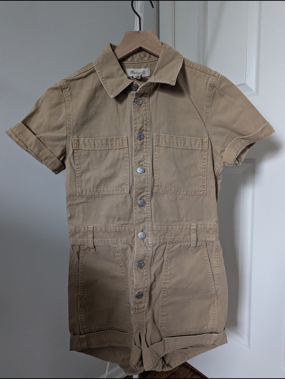 Madewell Khaki Short Sleeve Utility Romper
